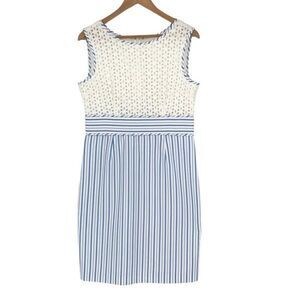 London Times Women's Sleeveless Laced Stripe Eyelet Dress White Blue‎ Size 12